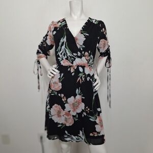 Luxology NEW Floral Print Black Pink Faux Wrap Tie Sleeve Bloomcore Mini Dress 4